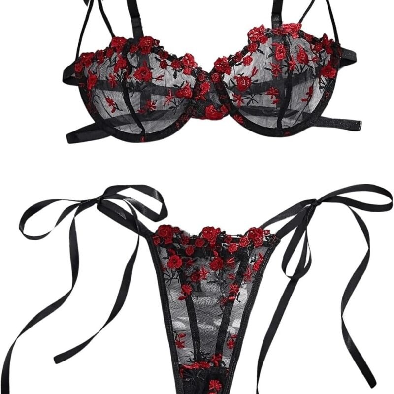 GORGLITTER Women's Bow Bra Sexy Lingerie Set Mesh Push Up Bralette and Panty 2 Piece
