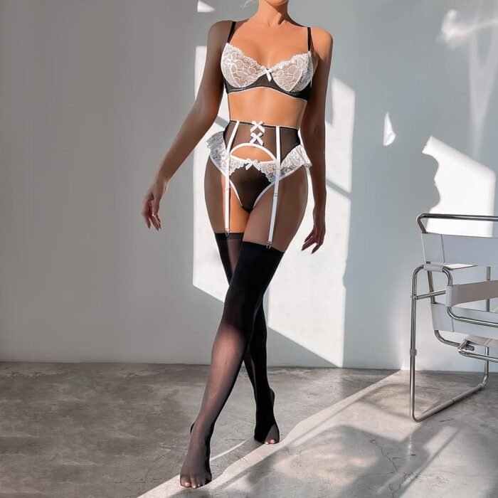 Lilosy Sexy Bow Choker Floral Lace Stocking Sheer Underwire Push Up Garter Lingerie Set - Image 5