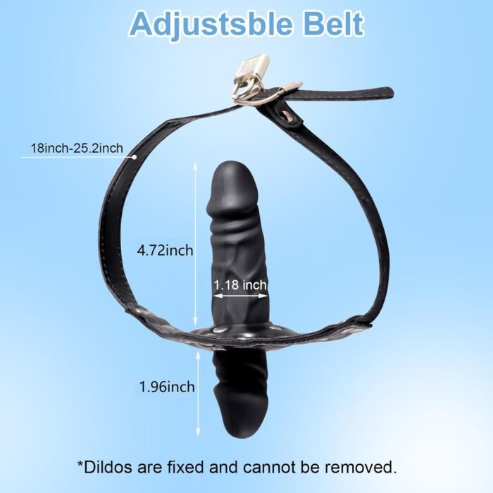 Double-Cock Dildo Penis Mouth Gag Plug, Padlock Ball Gag,Adjustable Bondage Leather Strap,BDSM Sex Toys for Man Women Couple,7.48 INCH - Image 2