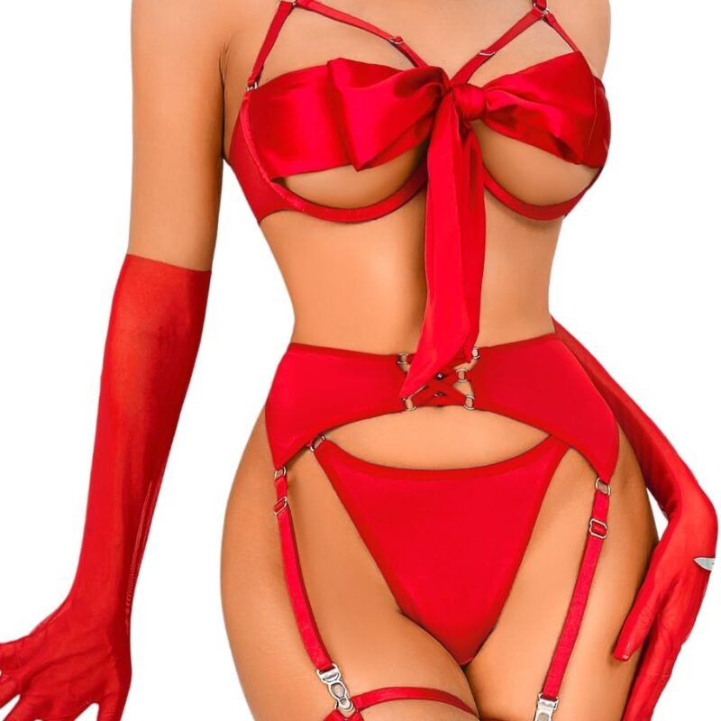 Kaei&Shi Sexy Bow Lingerie for Women,Unwrap Present Bra And Panty Set,Strappy Garter Lingeries Xmas Valentines Birthday Gift