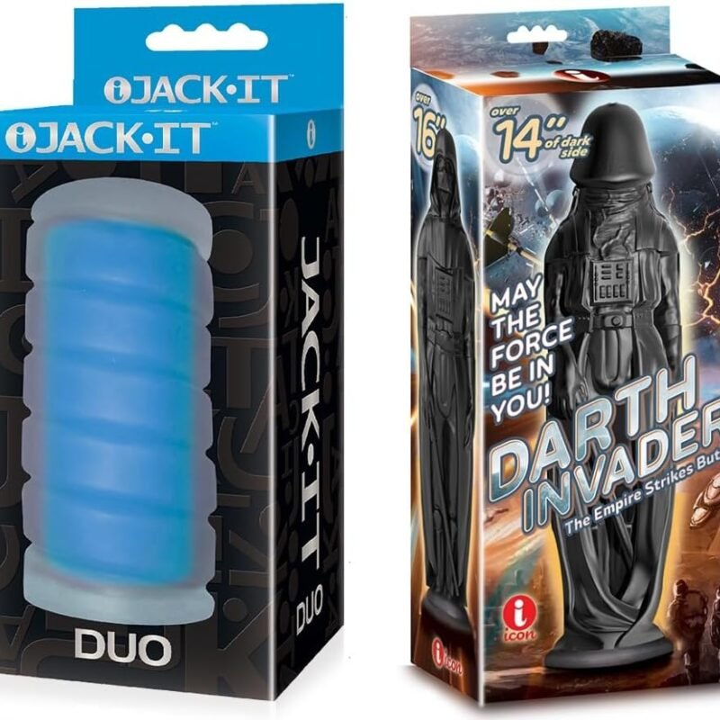 Couples Sex Toy Bundle of Jack-It Duo, Sky Blue and Icon Brands Darth Invader Adult Sex Toy