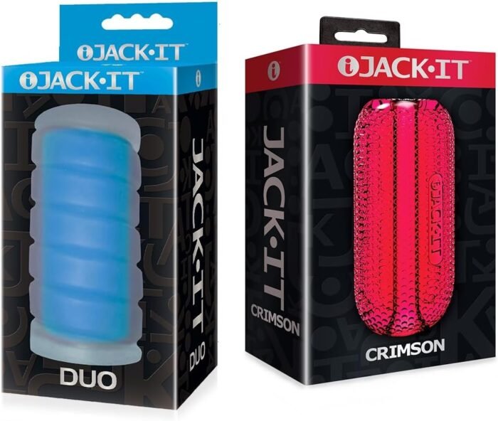 Sex Toy Couples kit of Jack-It Duo, Sky Blue and Icon Brands Jack-It Stroker Crimson