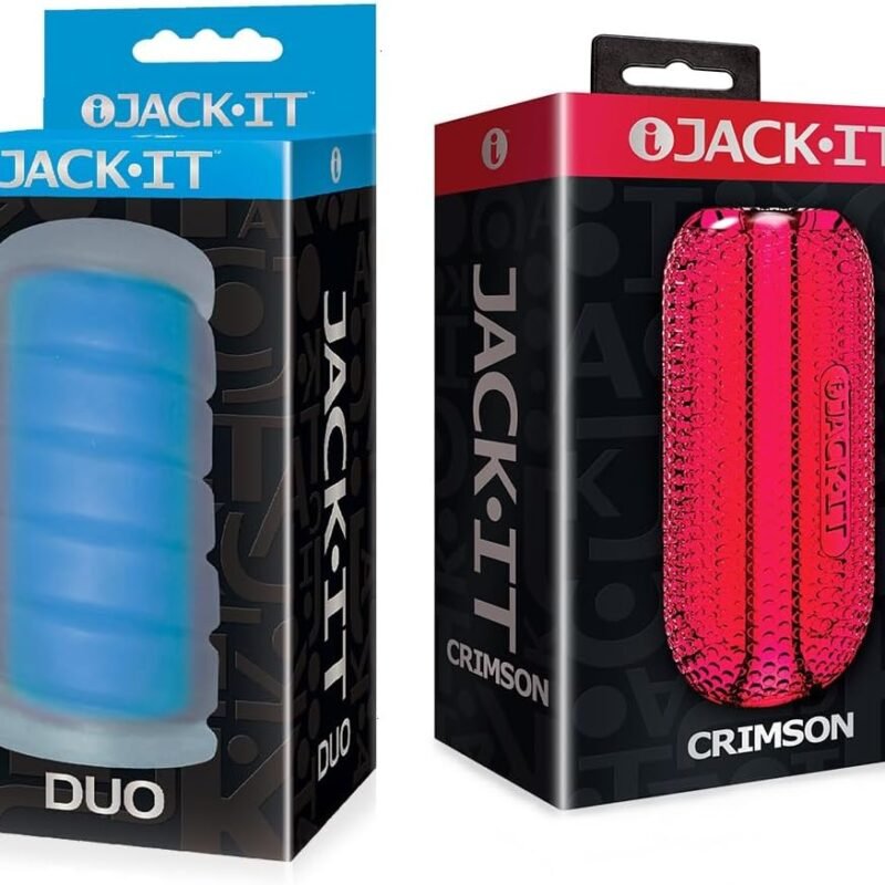 Sex Toy Couples kit of Jack-It Duo, Sky Blue and Icon Brands Jack-It Stroker Crimson