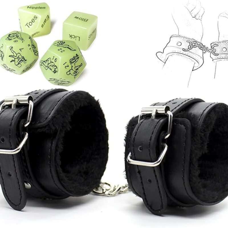 Newly Leather Black Fleece Fuzzy Handcuffs (Chained Ankles and Wrists) and 1 Pcs Sex Dice Set Sex Hand Cuff Set for Spice up The Bedroom for Couples for Adults with Safety Release Sweater TJZ-0X