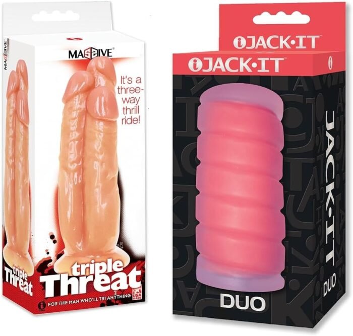 Sex Toy Couples kit of Massive Triple Threat 3 Cock Dildo and Icon Brands Jack-It Duo, Cherry