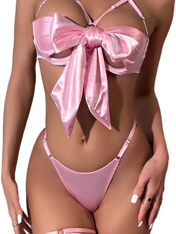 [JUICYCRACY] Sexy Bow Satin Christmas Lingerie Set for Women Bra and Panty