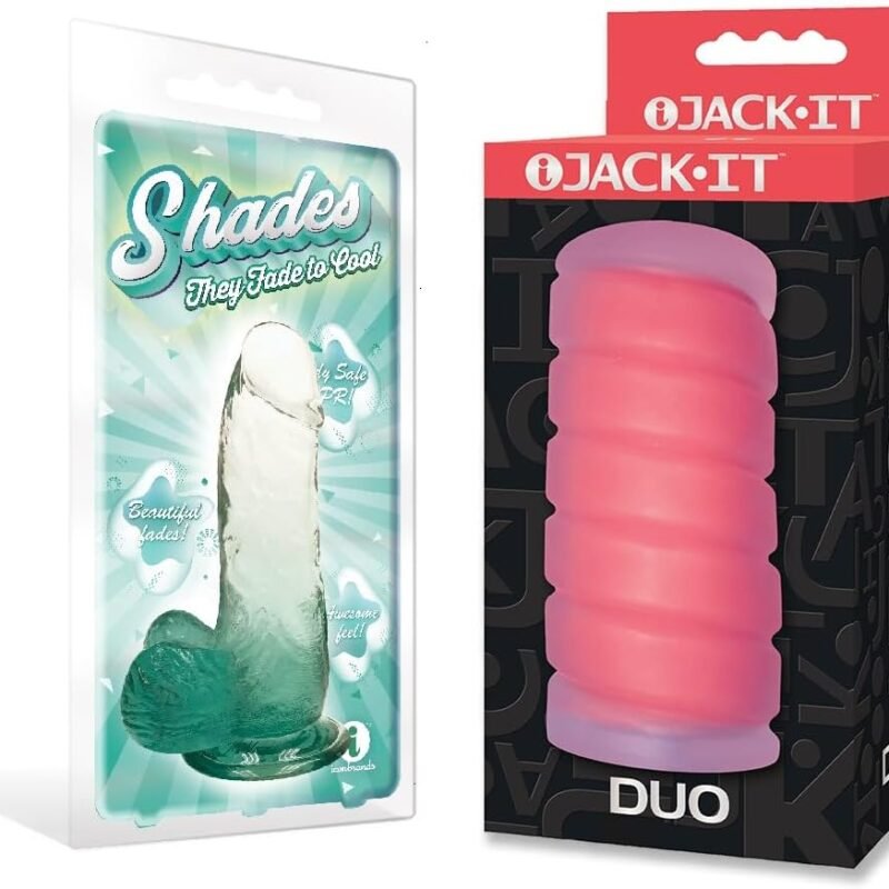 Sex Toy Couples kit of Shades, Small Jelly TPR, Gradient Dong, Emerald and Icon Brands Jack-It Duo, Cherry