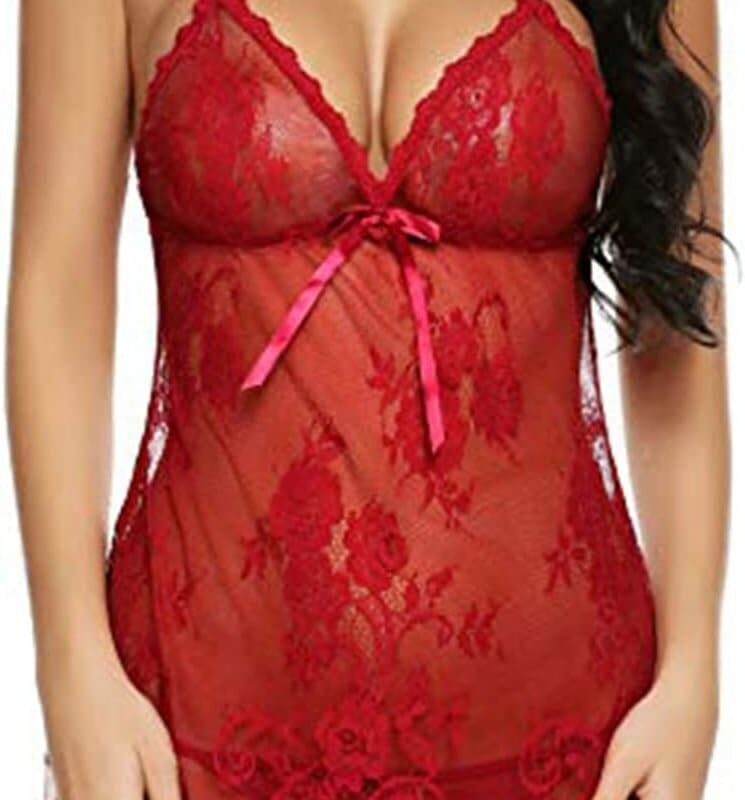 FEOYA Women Sexy Lingerie Lace Babydoll Mesh V Neck Sleepwear See Through Strap Two Piece Chemise