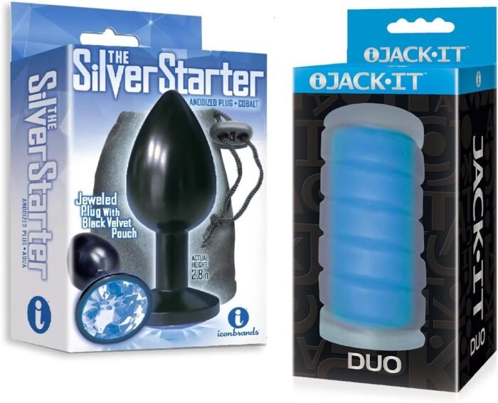 Sex Toy Couples kit of The Silver Starter, Bejeweled Annodized Stainless Steel Plug, Colbalt and Icon Brands Jack-It Duo, Sky Blue