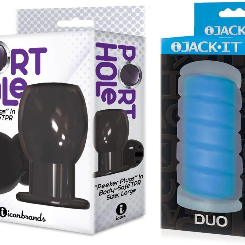 Sex Toy Couples kit of Port Hole, Hollow Butt Plug, Black and Icon Brands Jack-It Duo, Sky Blue
