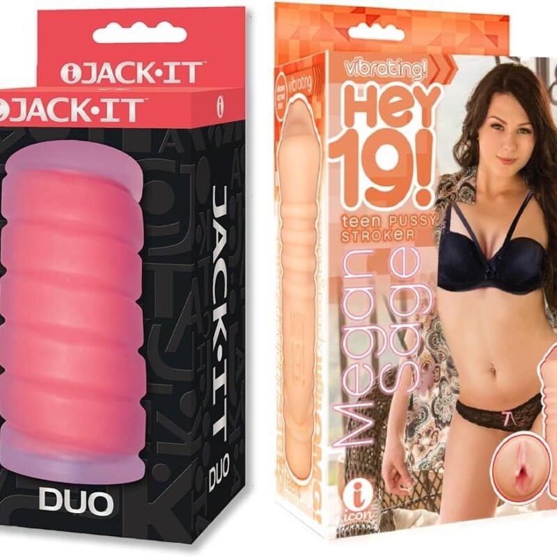 Sex Toy Couples kit of Jack-It Duo, Cherry and Icon Brands Vibrating Pussy Stroker Megan Sage