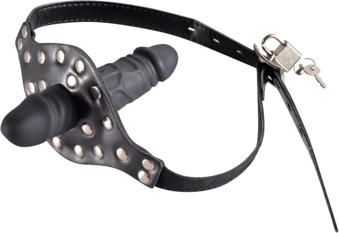 Double-Cock Dildo Penis Mouth Gag Plug, Padlock Ball Gag,Adjustable Bondage Leather Strap,BDSM Sex Toys for Man Women Couple,7.48 INCH