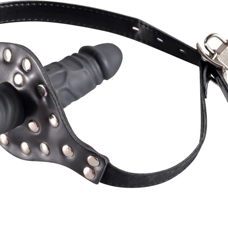 Double-Cock Dildo Penis Mouth Gag Plug, Padlock Ball Gag,Adjustable Bondage Leather Strap,BDSM Sex Toys for Man Women Couple,7.48 INCH