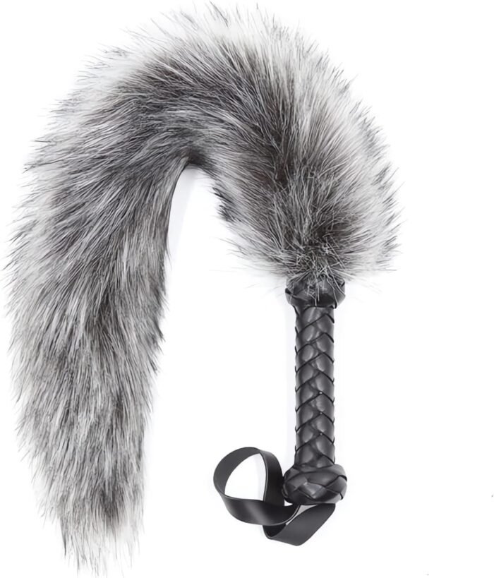 Soft Fur Whips with PU Leather Handle and Fluffy Feather Tail, Flogger Crop for Unisex Grey - Image 3