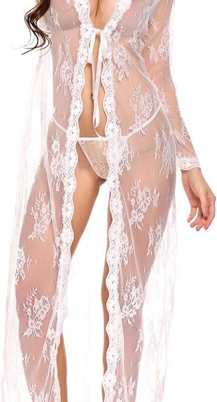 Lingerie for Women Sexy Long Lace Dress Sheer Gown See Through Kimono Robe