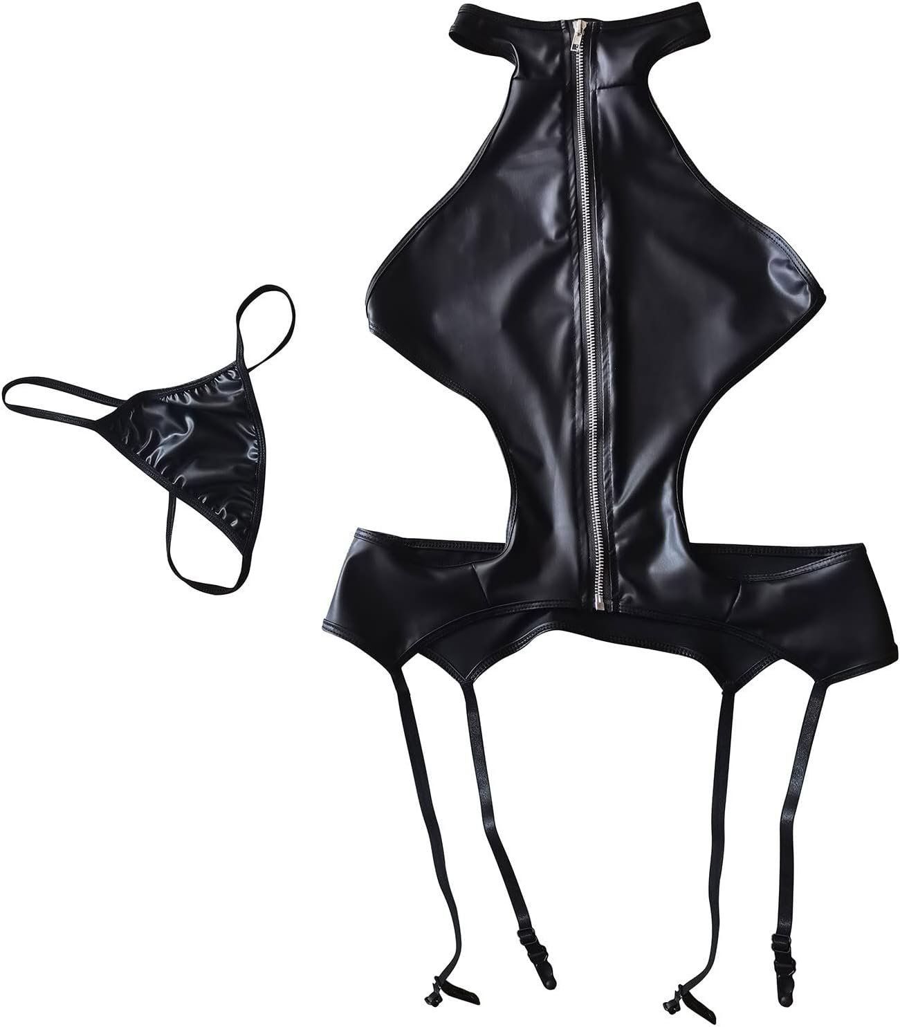 Women's Babydoll Lingerie PVC Leather Mesh Sheer Wetlook Halter Neck One Piece Chemise Clubwear Mini Teddy Dress - Image 6