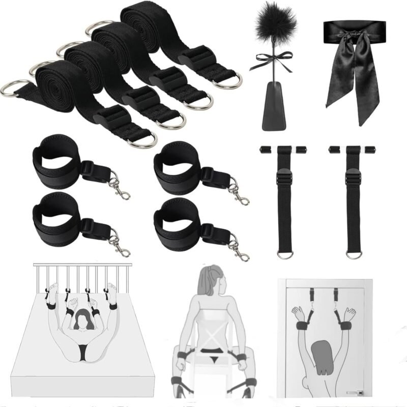 BDSM Sex Bondage Restraints Kit, 6PCS Versatile Bed Bondage Couple Sex Toys with Super Easy Install Sex Adjustable Rope Blindfold Feather Door Hanging Sex Swing Handcuff, Restraint Set for Sex Game