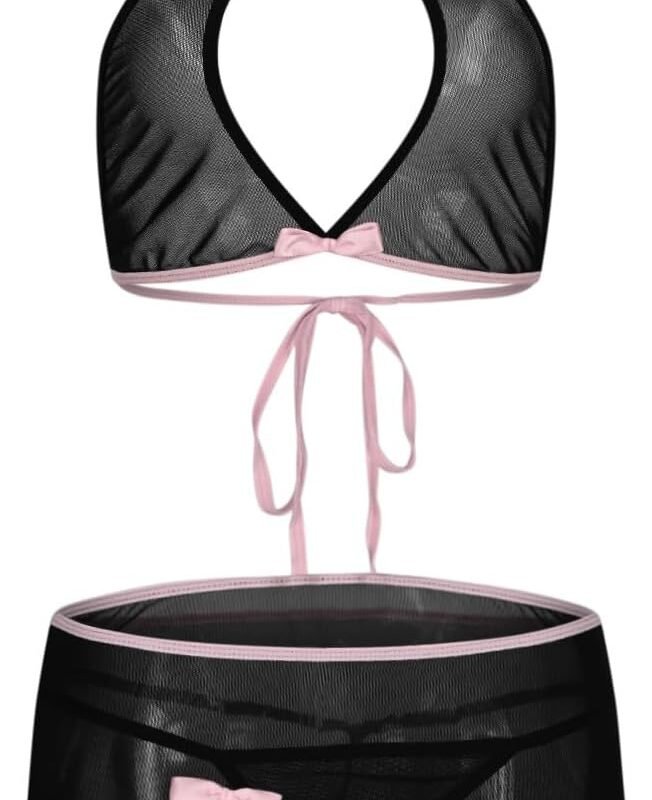 Womens Sexy Sheer Mesh Lingerie Set Cute Bow Halter Cropped Tops Mini Skirt 2 Piece Naughty Teddy Babydoll