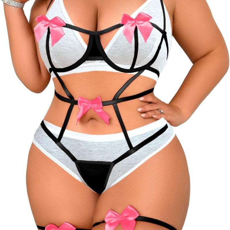 Kaei&Shi Plus Size Ribbon Bow Lingerie Women, Exotic Underwire Bowtie Lingeries Bodysuit