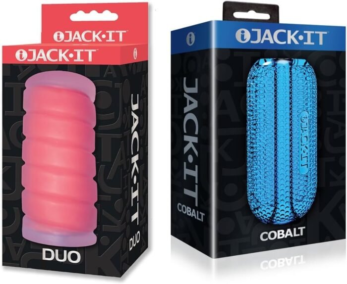 Sex Toy Couples kit of Jack-It Duo, Cherry and Icon Brands Jack-It Stroker Cobalt
