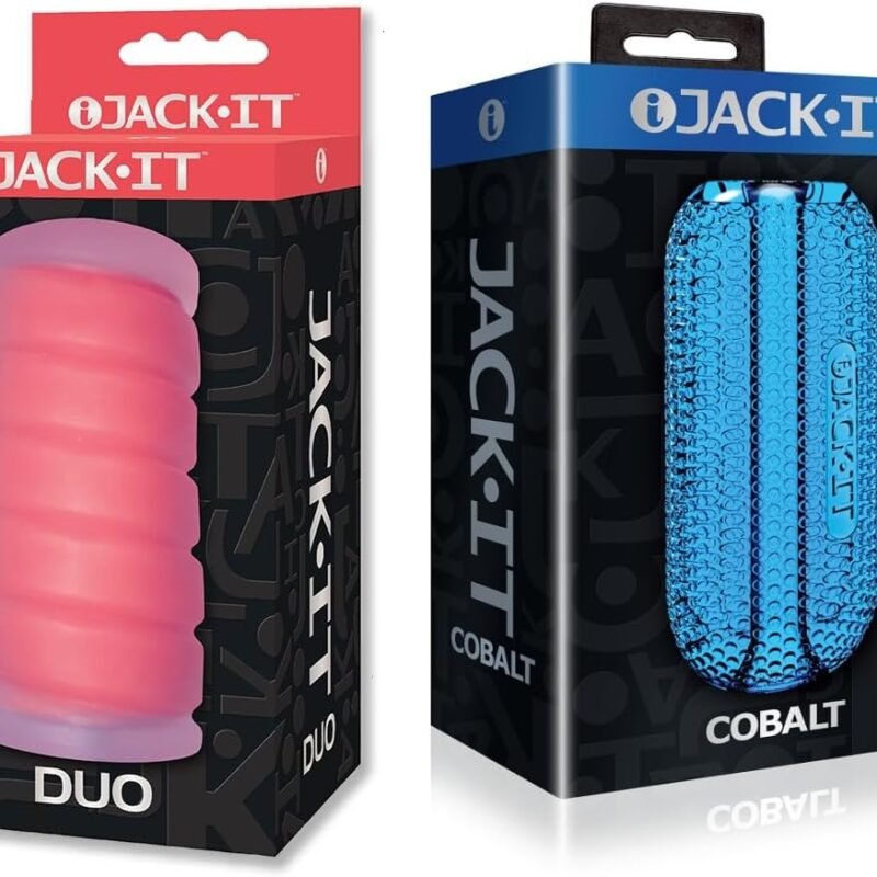Sex Toy Couples kit of Jack-It Duo, Cherry and Icon Brands Jack-It Stroker Cobalt