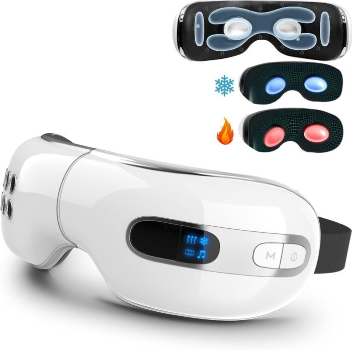 Eye Massager with Heat and Cooling for Migraines, Dry Eyes, Dark Circles, Rechargeable Bluetooth Music Heat Cold Eye Massager Improve Sleeping - Great Gifts for Fathers Day (White)