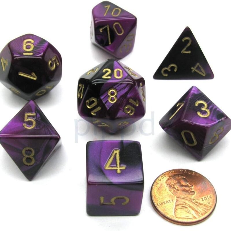 Chessex Manufacturing Cube Gemini Set Of 7 Dice - Black & Purple With Gold Numbering CHX-26440
