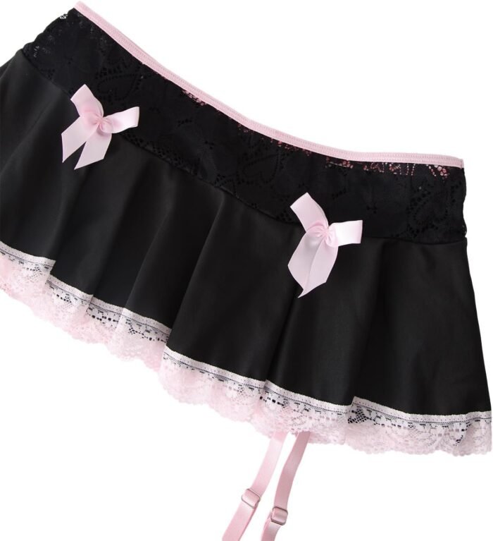 Sexy Stocking Mini Skirt Wireless Mesh Lace Garter Lingerie with Thong Set 4 Pieces - Image 6