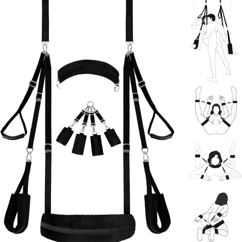 5 in 1 Sex Swing Bondage Restraints Set, BDSM Kit Door Swing & Sex Restraint Adjustable Sex Sling Neck Strap Handcuffs & Thigh Restraint, Bondage Swing Sex Furniture for Bedroom Adult Sex Games