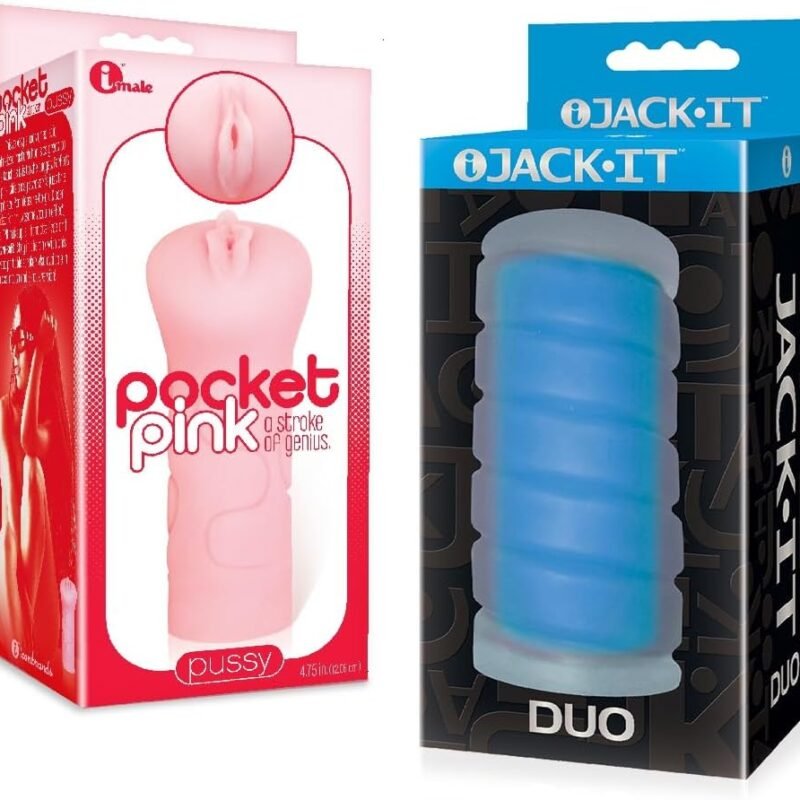 Sex Toy Couples kit of Pocket Pink, Mini Pussy Masturbator and Icon Brands Jack-It Duo, Sky Blue