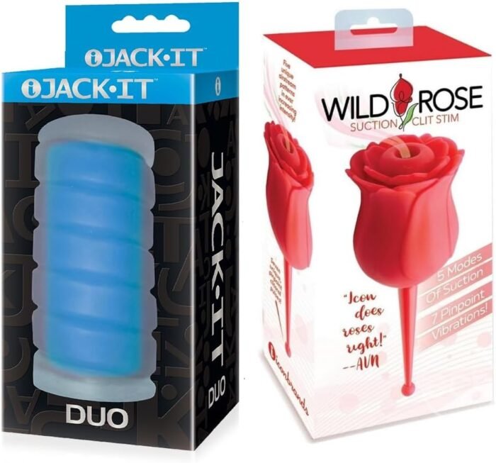 Adult Sex Toy Bundle of Jack-It Duo, Sky Blue and Icon Brands Wild Rose Le Point Rechargeable Silicone Suction Vibrator - Red