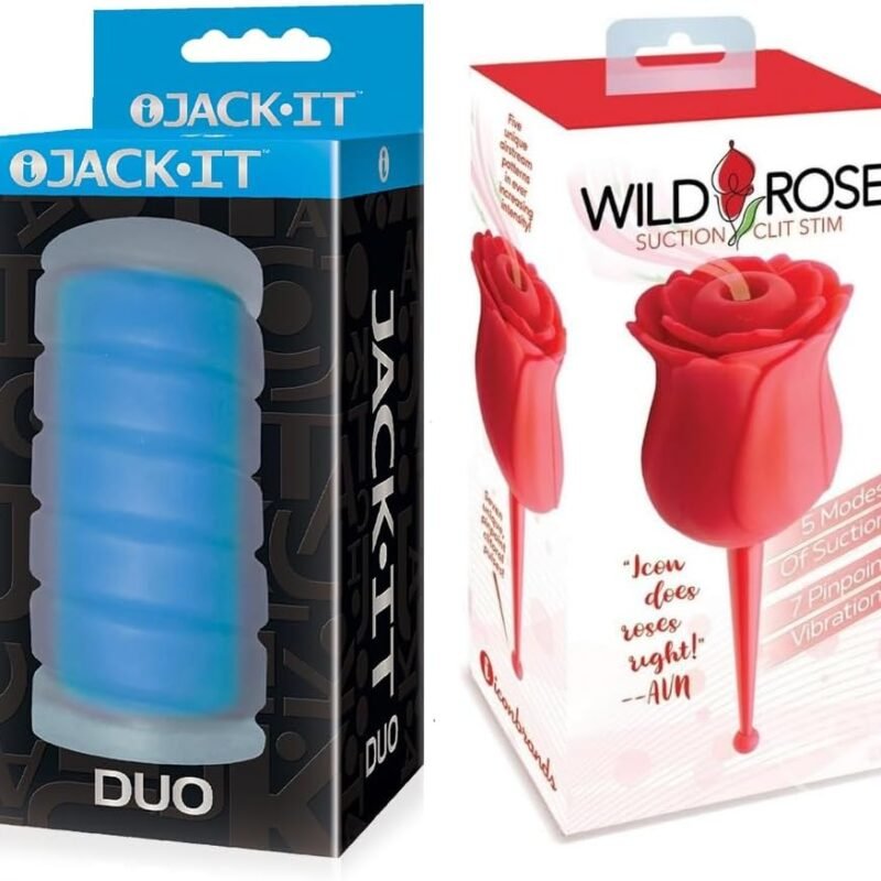 Adult Sex Toy Bundle of Jack-It Duo, Sky Blue and Icon Brands Wild Rose Le Point Rechargeable Silicone Suction Vibrator - Red