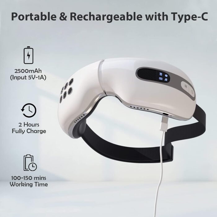 Eye Massager with Heat and Cooling for Migraines, Dry Eyes, Dark Circles, Rechargeable Bluetooth Music Heat Cold Eye Massager Improve Sleeping - Great Gifts for Fathers Day (White) - Image 5