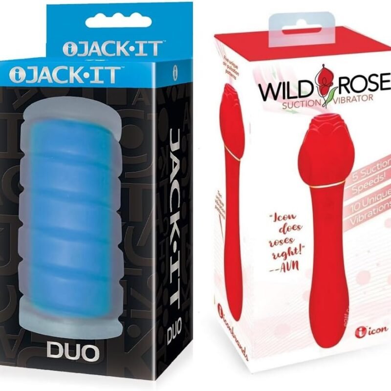 Adult Sex Toy Bundle of Jack-It Duo, Sky Blue and Icon Brands Wild Rose Rechargeable Silicone Suction + Vibrator - Red