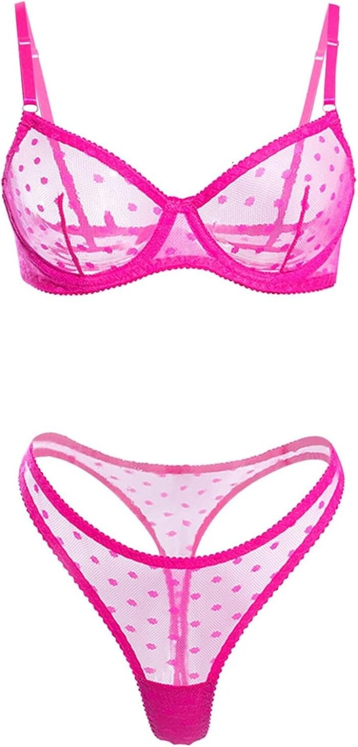 Women Sexy Mesh Lingerie Set Sheer Valentine Underwear Push Up Bra and Thong Panty Ruffle Bow Cute Apparel - Image 6