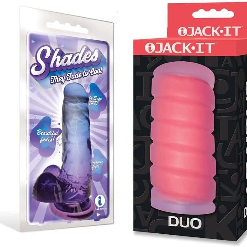 Sex Toy Couples kit of Shades, Medium Jelly TPR, Gradient Dong, Blue and Violet and Icon Brands Jack-It Duo, Cherry