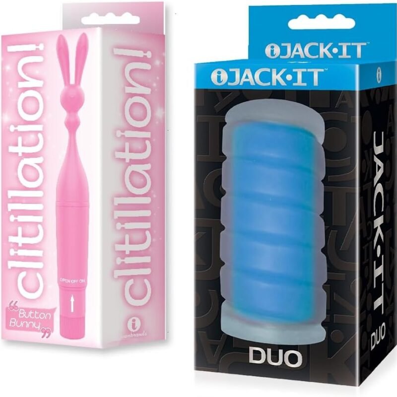 Sex Toy Couples kit of Clitillation! Button Bunny Clitoral Stimulator and Icon Brands Jack-It Duo, Sky Blue