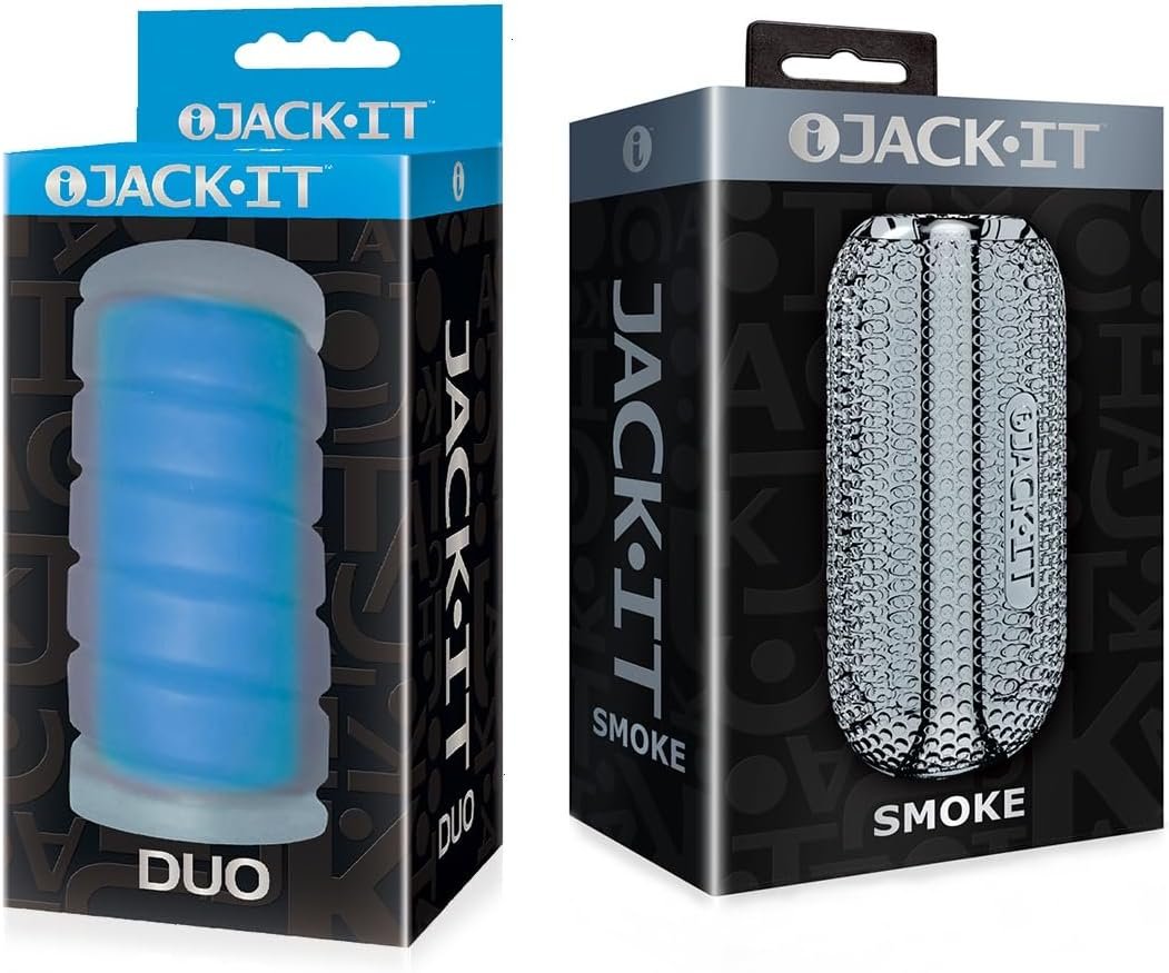 Sex Toy Couples kit of Jack-It Duo, Sky Blue and Icon Brands Jack-It Stroker Smoke