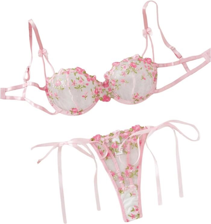 GORGLITTER Women's Bow Bra Sexy Lingerie Set Mesh Push Up Bralette and Panty 2 Piece - Image 4