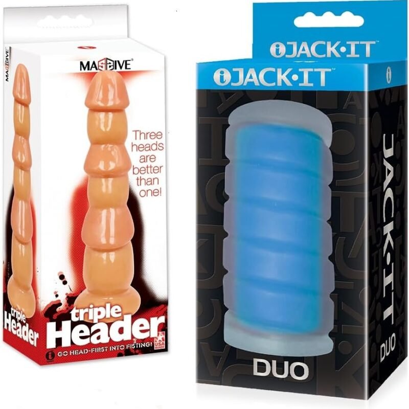 Sex Toy Couples kit of Massive Triple Header 3 Dick Head Dildo and Icon Brands Jack-It Duo, Sky Blue