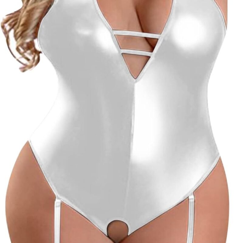 Leather Teddy Bodysuit Plus Size Sexy Lingerie for Women One Piece Pu Body Suits with Garter Belt