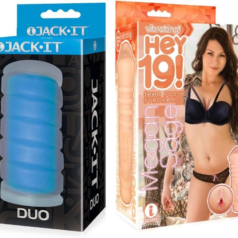Sex Toy Couples kit of Jack-It Duo, Sky Blue and Icon Brands Vibrating Pussy Stroker Megan Sage