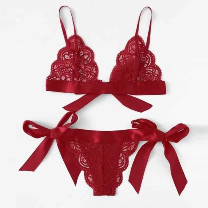 Sexy Lingerie Set for Women Scalloped Lace Bra with Bow Tie Side Trim Underpant - Image 5