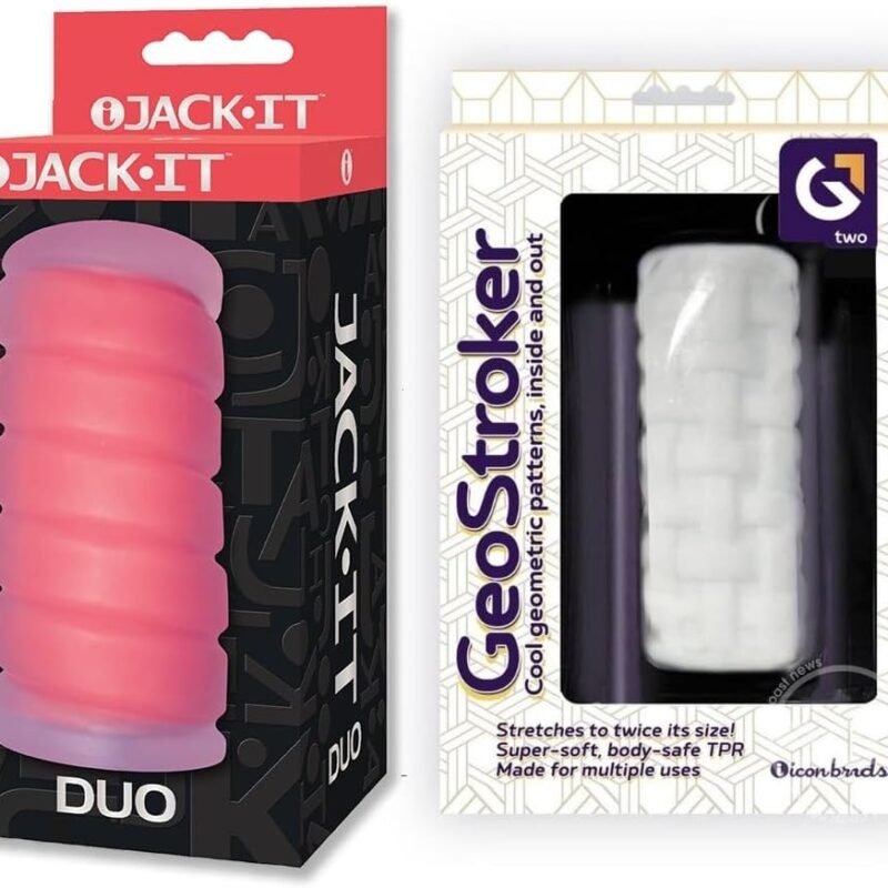 Couples Sex Toy Bundle of Jack-It Duo, Cherry and Icon Brands GeoStroker 2 Stroker - White