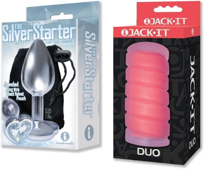 Sex Toy Couples kit of The Silver Starter, Bejeweled Heart Stainless Steel Plug, Diamond and Icon Brands Jack-It Duo, Cherry
