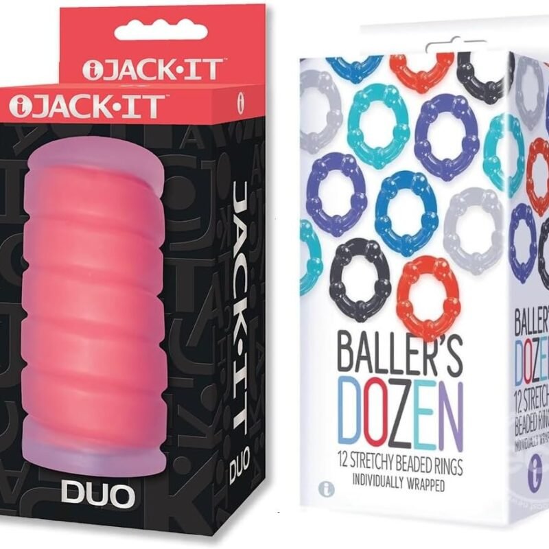 Couples Sex Toy Bundle of Jack-It Duo, Cherry and Icon Brands Baller's Dozen Beaded Cockrings (12 per Pack) - Assorted Colors