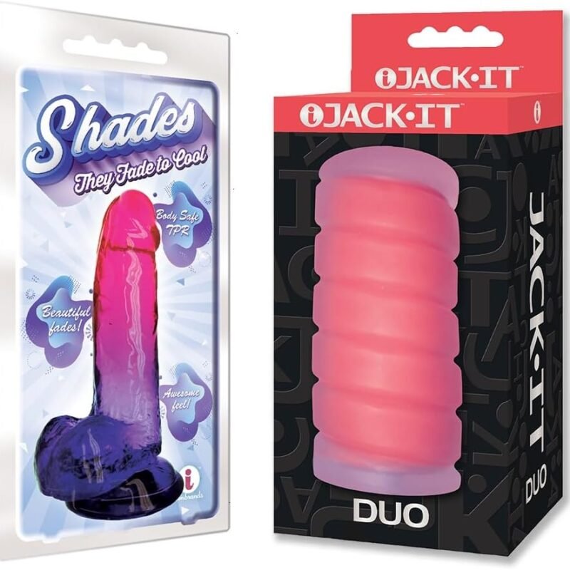 Sex Toy Couples kit of Shades, Large Jelly TPR, Gradient Dong, Pink and Plum and Icon Brands Jack-It Duo, Cherry
