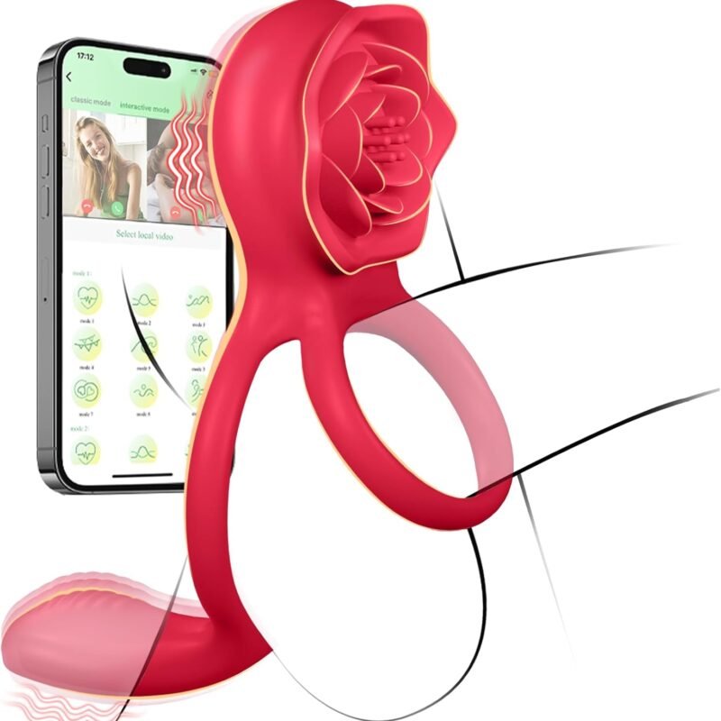 Rose Vibrating Cock Ring with Taint Testicle Clitoral Stimulator, App Remote Control Male Pleasure Penis Ring Vibrator, Couples Adult Sex Toys Games for Men Women, ZOOPLOU Couple Sex Toy Sex