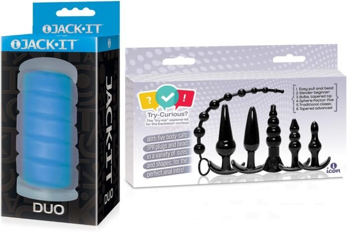 Sex Toy Couples kit of Jack-It Duo, Sky Blue and Icon Brands Try-Curious Anal Plug 6 Piece Kit Black