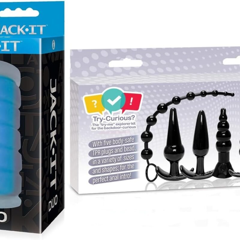 Sex Toy Couples kit of Jack-It Duo, Sky Blue and Icon Brands Try-Curious Anal Plug 6 Piece Kit Black